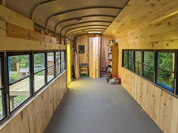 inside of a renovated bus